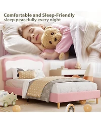 Homfan Boucle Upholstered Kids Bed Frame with Headboard, Wooden Slats