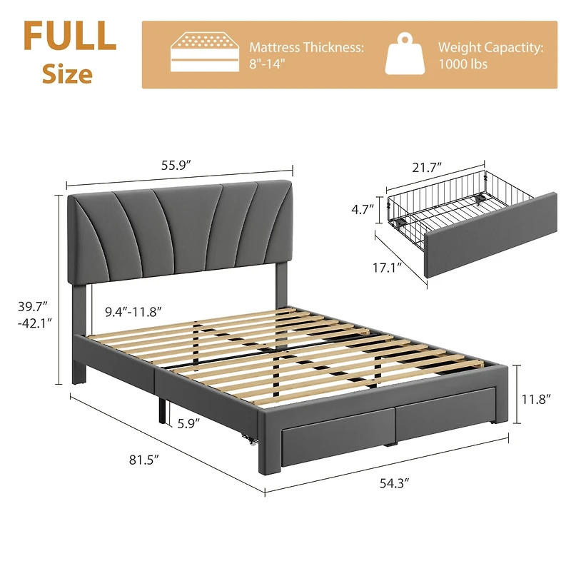 Homfan Velvet Bed Frame with 2 Storage Drawers - Adjustable Headboard, Platform Wooden Slats, No Box Spring Needed, Easy Assembly