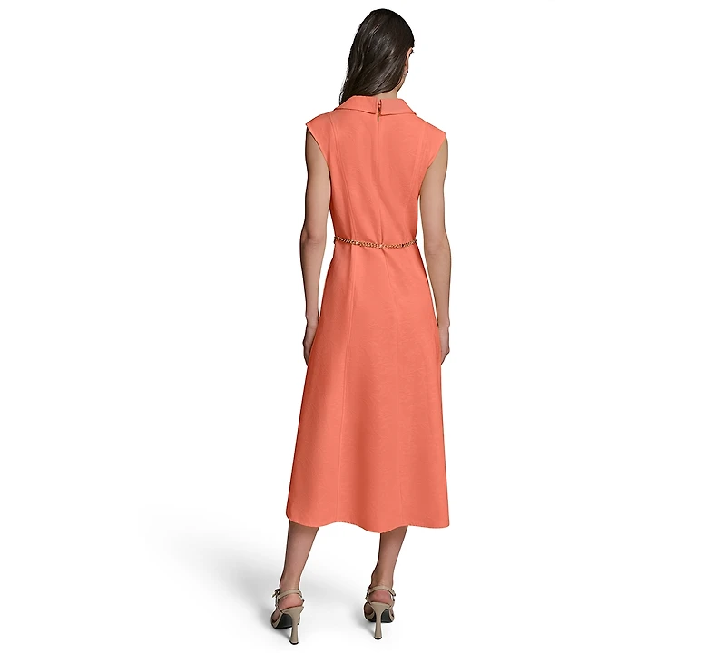 Karl Lagerfeld Paris Women's Collared Chain Belt Midi Dress