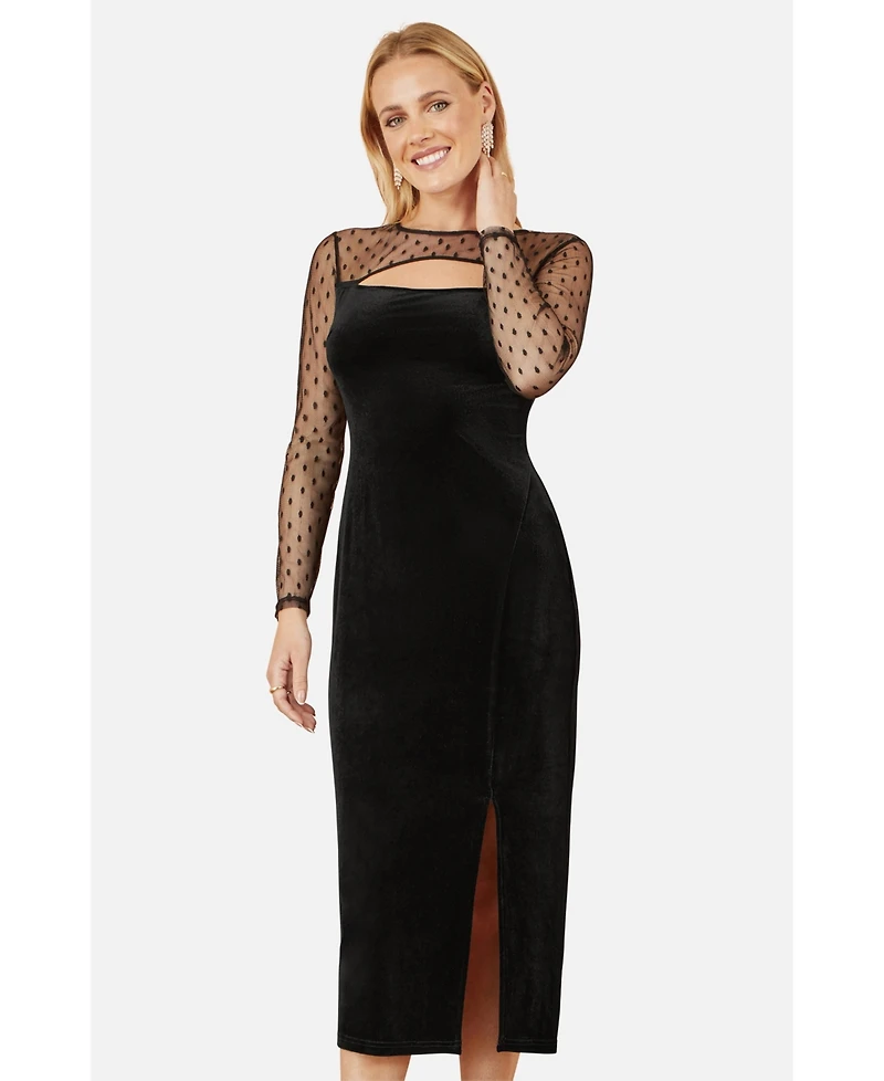 Yumi Women's Velvet With Slash Neckline Midi Dress
