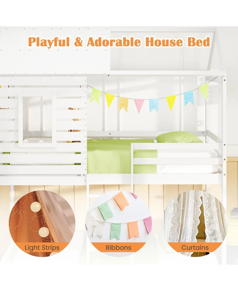 Gouun Twin over House Bunk Bed with Roof and Full-length Guardrails
