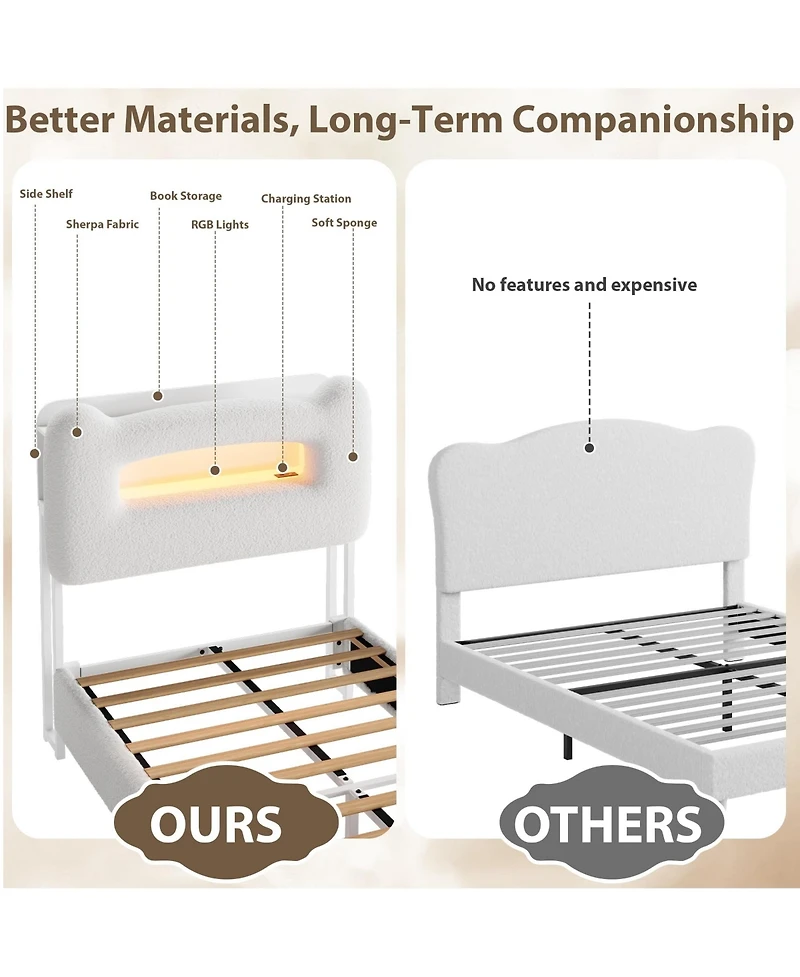 Homfan Upholstered Bed Frame with Storage Headboard, Led Lights