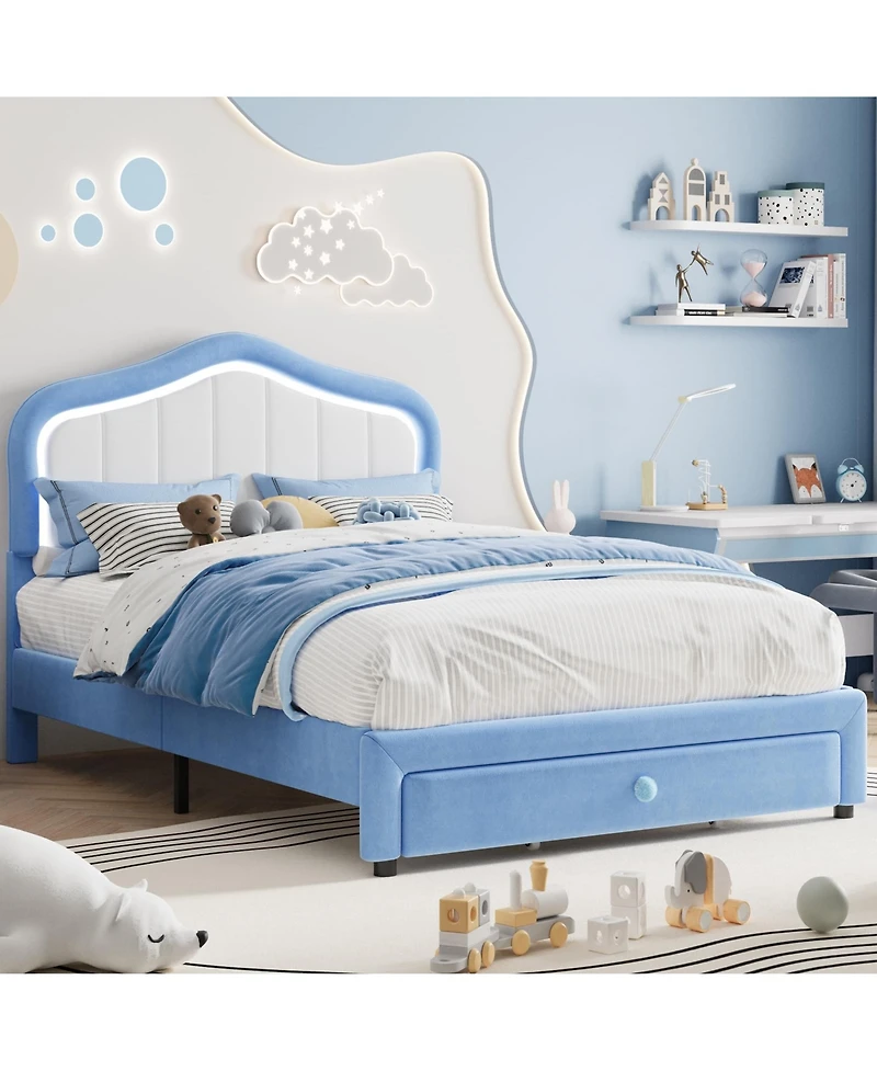 Homfan Upholstered Bed Frame with Storage Drawer and Led Headboard, Wood Slats