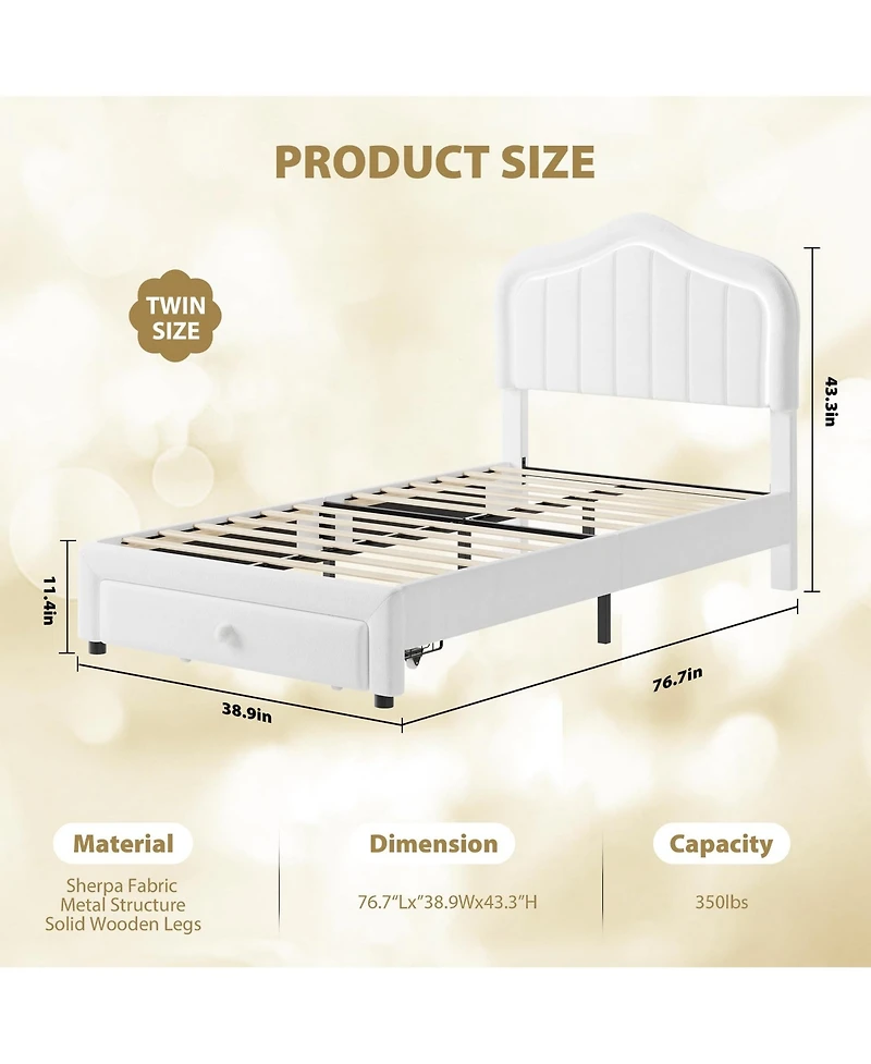Homfan Upholstered Bed Frame with Storage Drawer and Led Headboard, Wood Slats