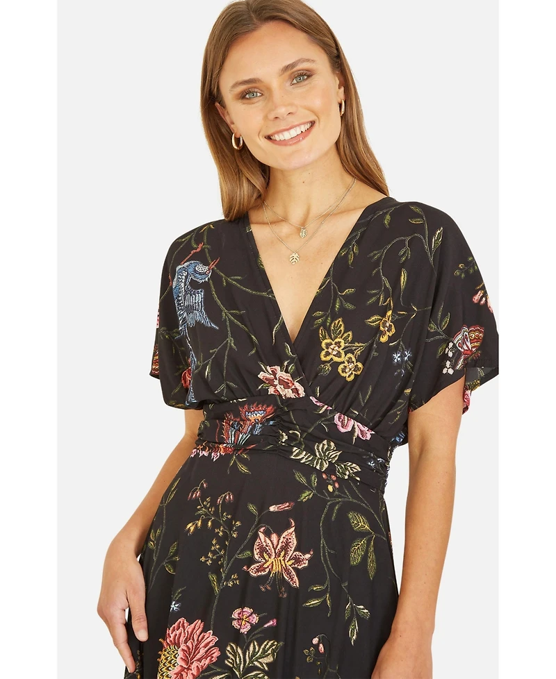 Yumi Women's Short Sleeve V-Neck Ruched Midi Dress