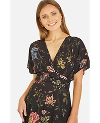 Yumi Women's Short Sleeve V-Neck Ruched Midi Dress