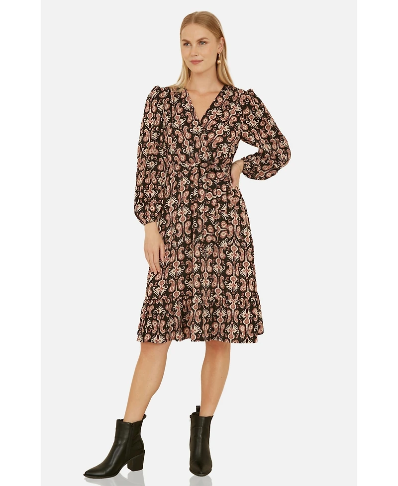 Yumi Women's Ikat Long Sleeve Skater Midi Dress