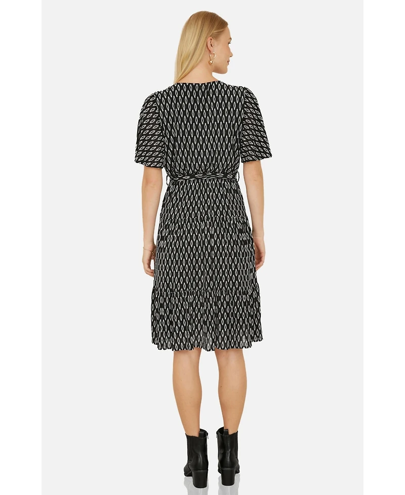 Yumi Women's Short Sleeve Tie Waist Midi Skater Dress