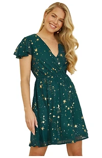 Yumi Women's Foil Star Print Wrap Skater Dress