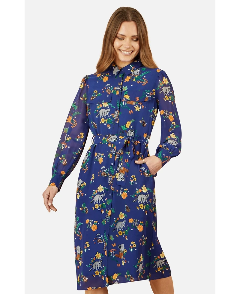 Yumi Women's Raccoon Print Shirt Midi Dress