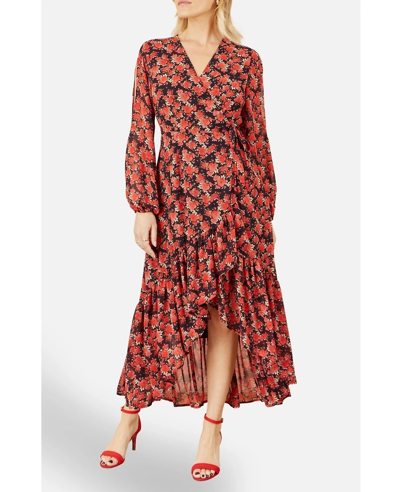 Yumi Women's Rose Print Dipped Hemline Midi Dress