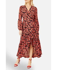 Yumi Women's Rose Print Dipped Hemline Midi Dress