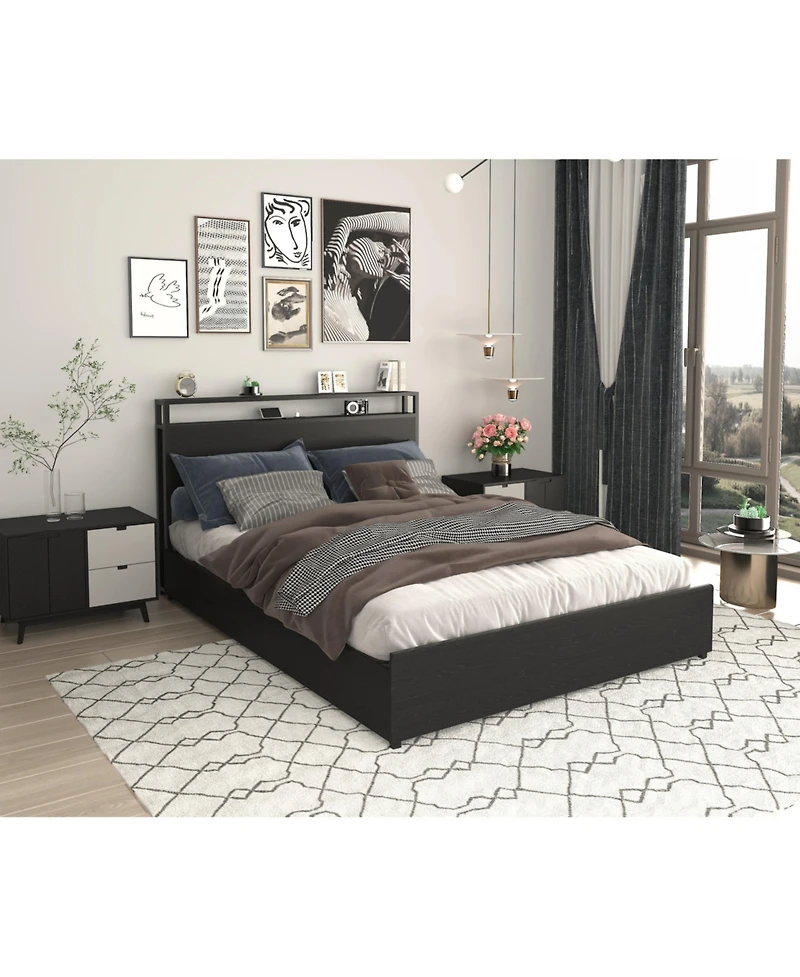 Lucky One Queen Bed Frame, Storage Headboard with Charging Station, Solid and Stable, Noise Free