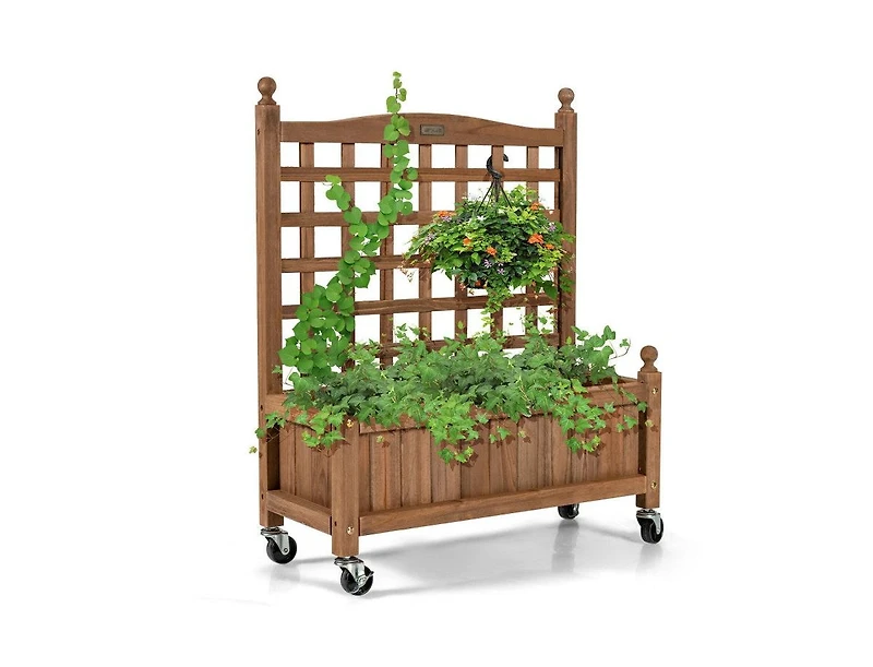 Lucky One 32 Inch Wooden Planter Box with Trellis and Wheels, Raised Garden Bed