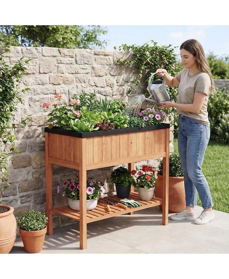 Gymax 2PCS Wooden Raised Garden Bed w/ Legs Liner Storage Shelf Large Planter Box