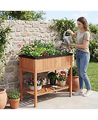 Gymax Wooden Raised Garden Bed w/ Legs Liner Storage Shelf Large Planter Box for Herb