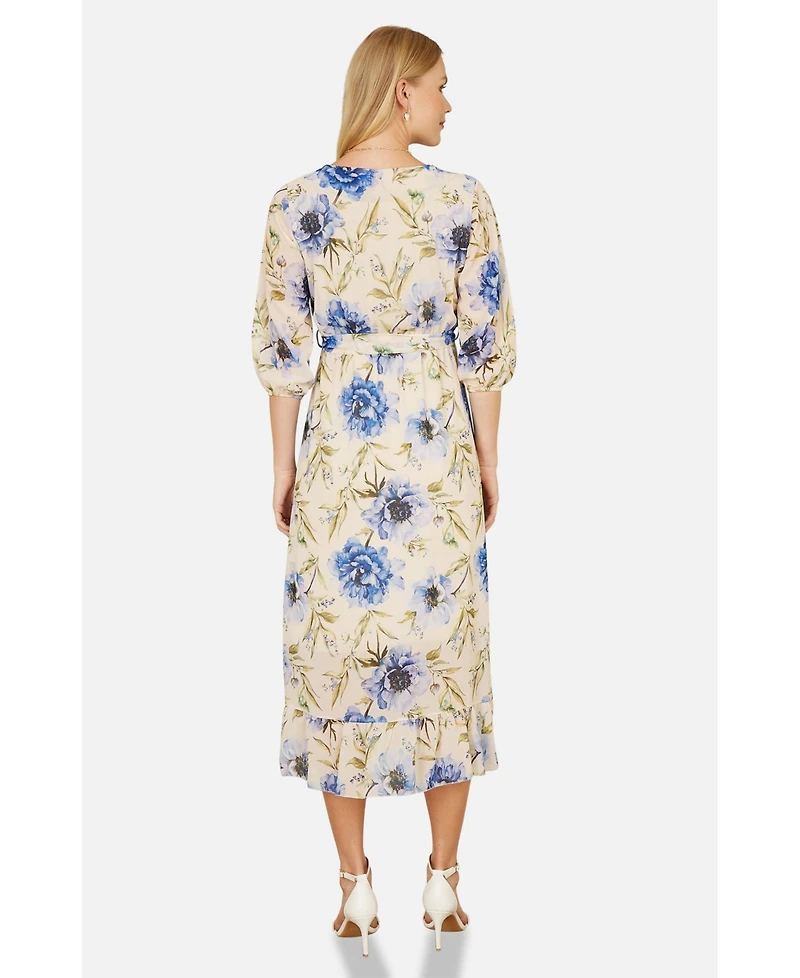 Yumi Women's 3/4 Sleeve V-Neck Wrap Midi Dress