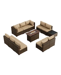 Aoxun 12 Piece Outdoor Wicker Patio Conversation Set with 44 Propane Fire Pit Table and Cushions
