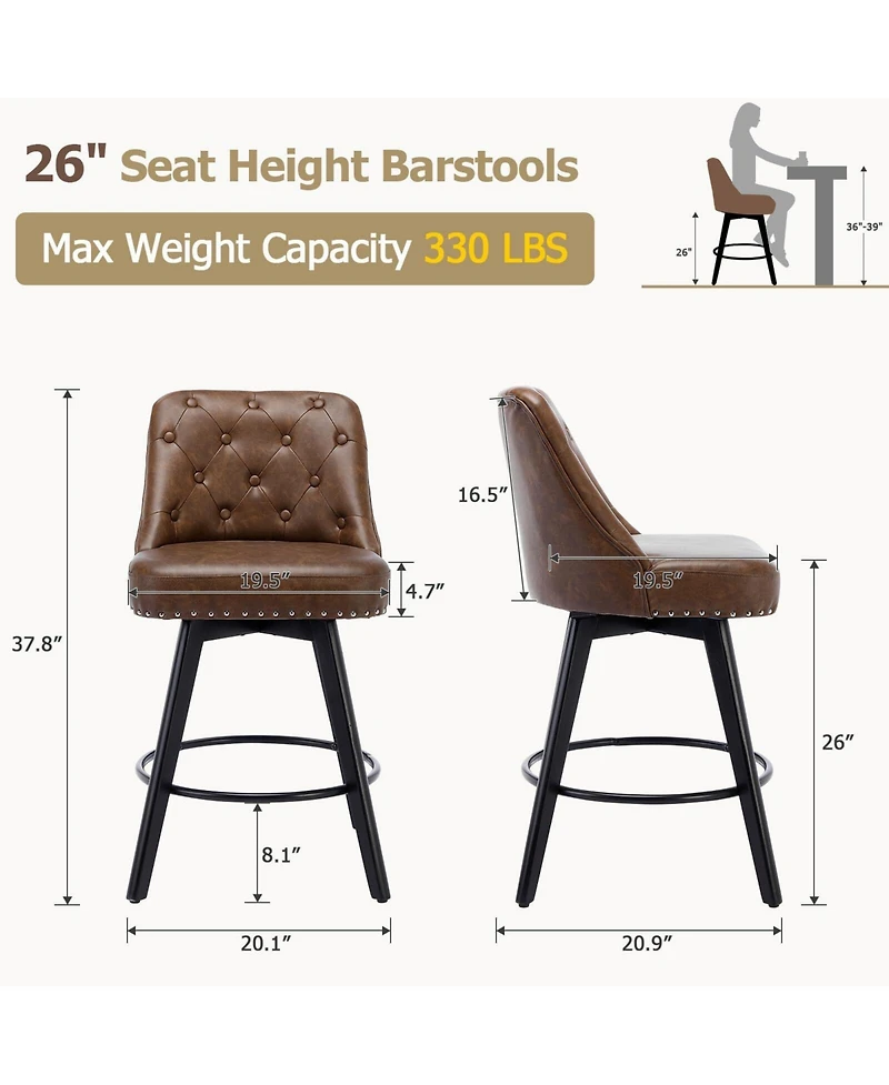 gaomon Bar Stools Set of 2, Seat Height Swivel Bar Chairs with Upholstered Seat and Footrest