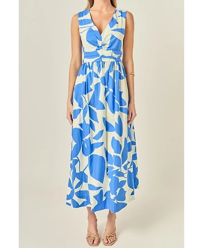 English Factory Women's Puff Sleeve Print Ruched Midi Dress