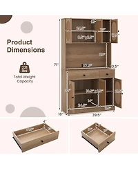 Gouun 71 in Pantry Cabinet with Pe Rattan Doors, Hutch and Built-In Charging Station