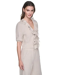 Dkny Jeans Women's V-Neck Short Puff Sleeve Tie-Front Shirt