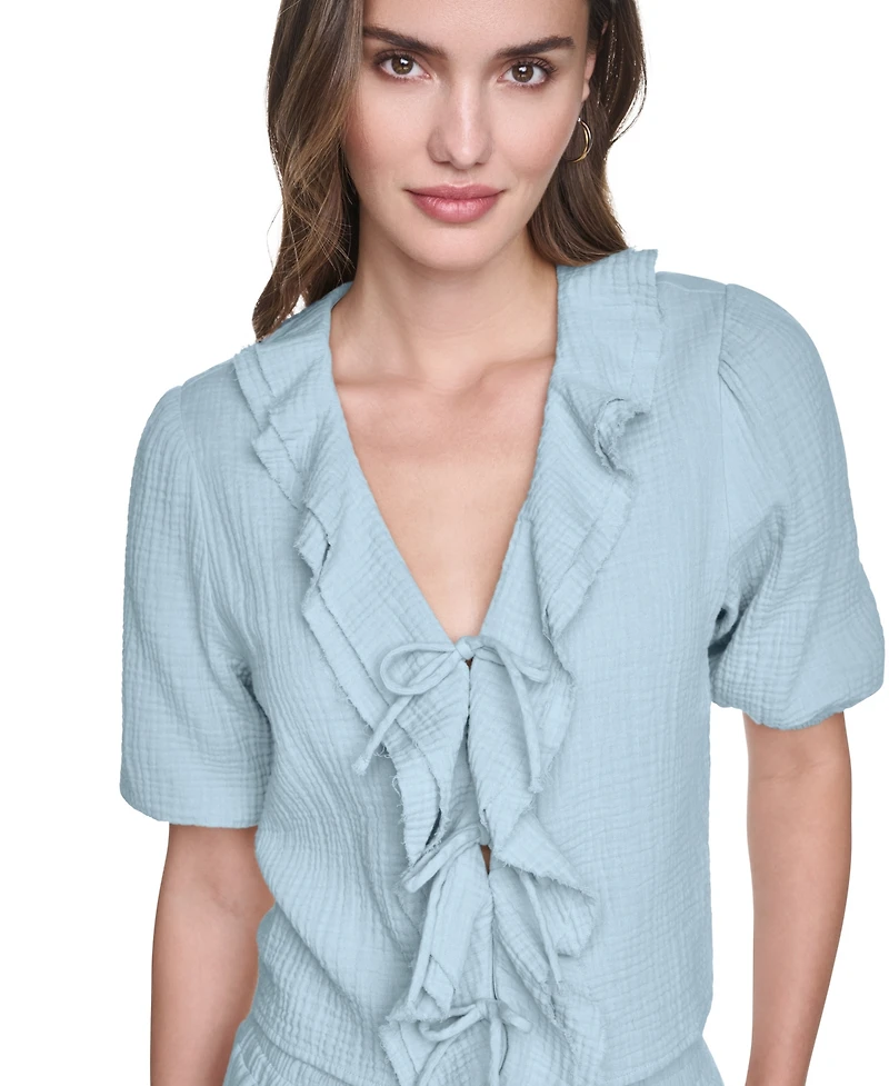 Dkny Jeans Women's V-Neck Short Puff Sleeve Tie-Front Shirt