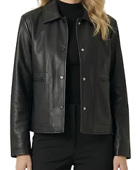 Modenaire Women's Leather Button-Front Collared Jacket