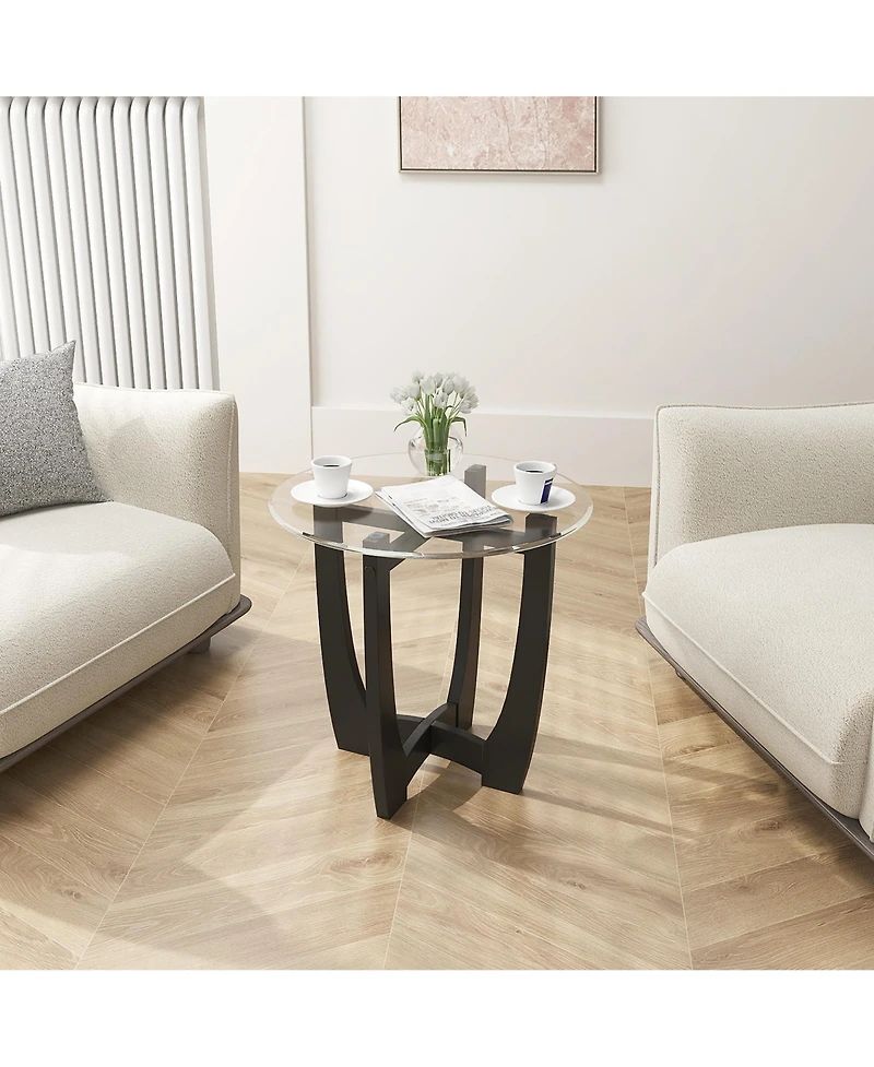 Gymax 2Piece 23.5'' Round End Table w/Glass Tabletop Cross-shaped Solid Rubber Wood Frame