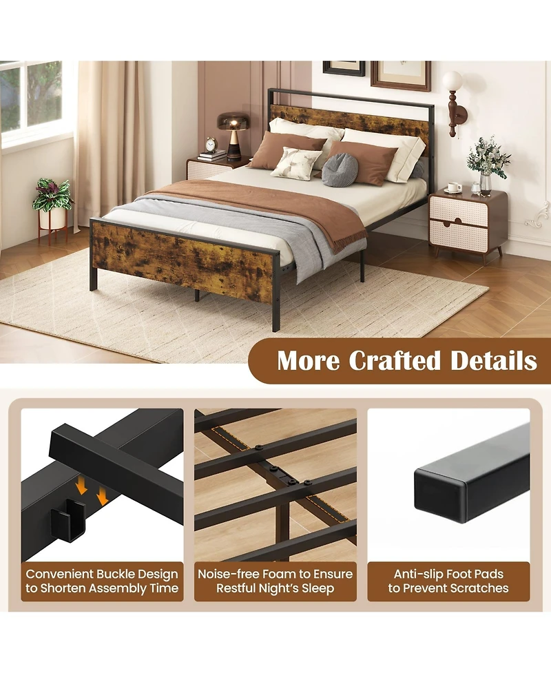 Slickblue Metal Platform Bed Frame with Wooden Headboard, Industrial Style Bedroom Furniture