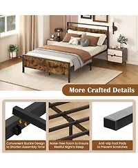 Slickblue Metal Platform Bed Frame with Wooden Headboard, Industrial Style Bedroom Furniture