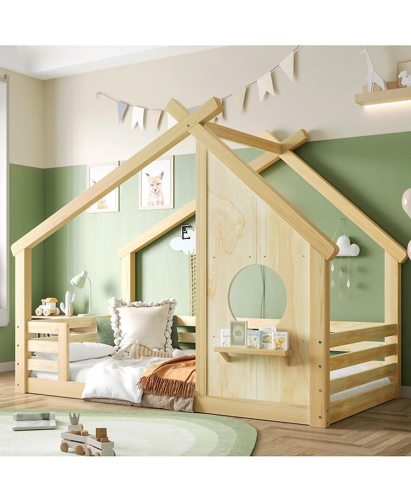 Streamdale Furniture Wood Floor Bed with House Frame and Shelf