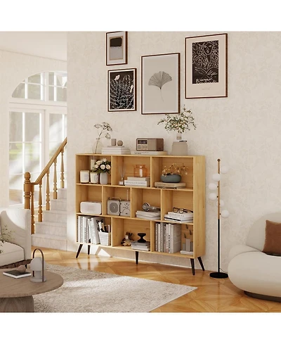 gaomon 10-Cube Wooden 3-Tier Bookcase with 5 Iron Legs, Freestanding Storage Organizer for Home Office