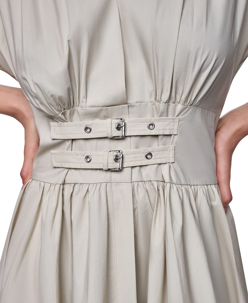 Dkny Jeans Women's Poplin Smocked-Waist V-Neck Midi Dress