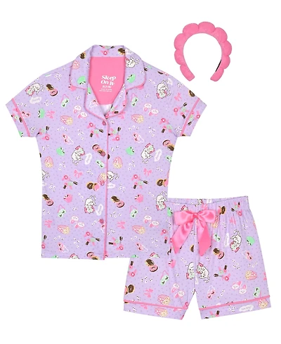 Sleep On It Girls' 7-16 Milky Conversational Print Short Coat and Shorts with Headband, 3-Piece Set