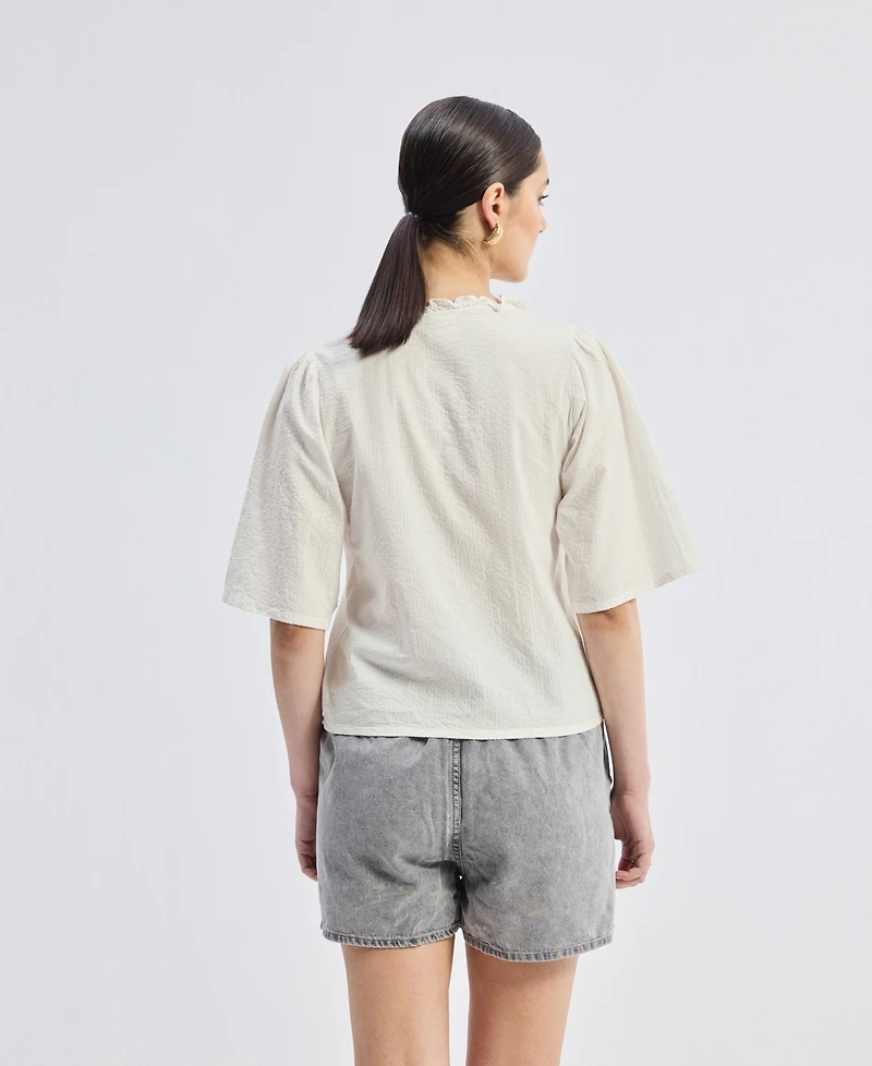 Reistor Women's Relaxed Fit Top With Ruffles and Front-Ties Cream