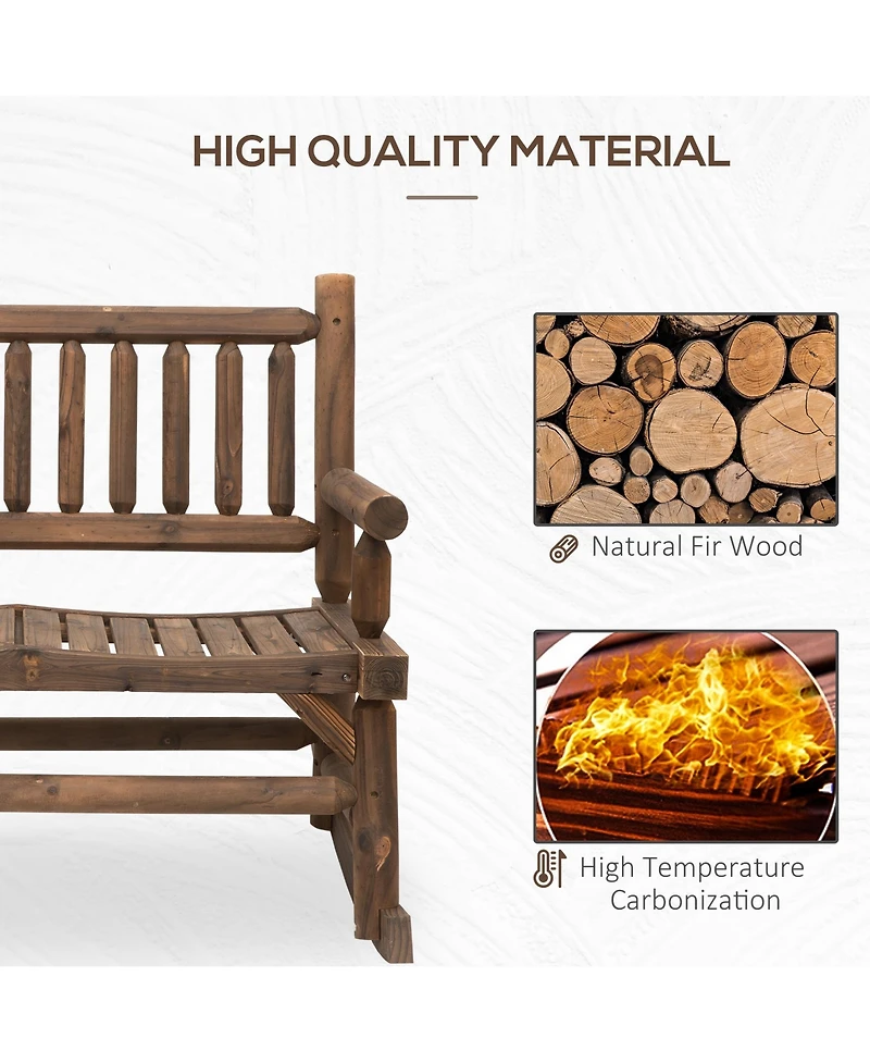 Out sunny 2-Person Wood Rocking Chair with Log Design, Heavy Duty Loveseat with Wide Curved Seats for Patio, Backyard, Garden, Walnut