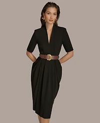 Donna Karan New York Women's V-Neck Belted Sheath Midi Dress