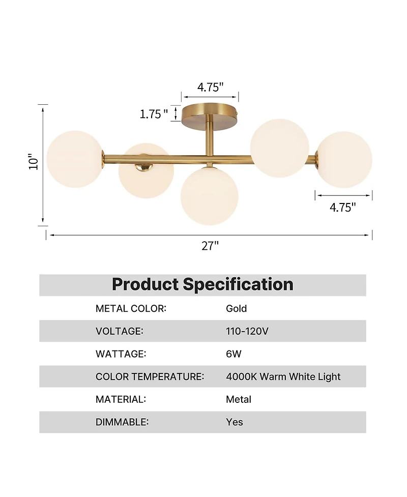 Busdays 5 Light Mid Century Modern gold Led fixture with milk glass, 3 Cct dimmable, semi flush mount for bathroom, kitchen, or dining room.