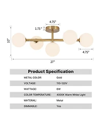 Busdays 5 Light Mid Century Modern gold Led fixture with milk glass, 3 Cct dimmable, semi flush mount for bathroom, kitchen, or dining room.