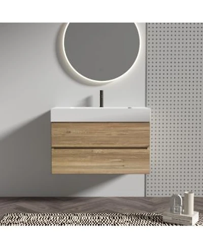 Sillysis Mid Century Modern Bathroom Vanity With Oak Grille Double Drawers Wall Mounted Soft Close Storage Cabinet