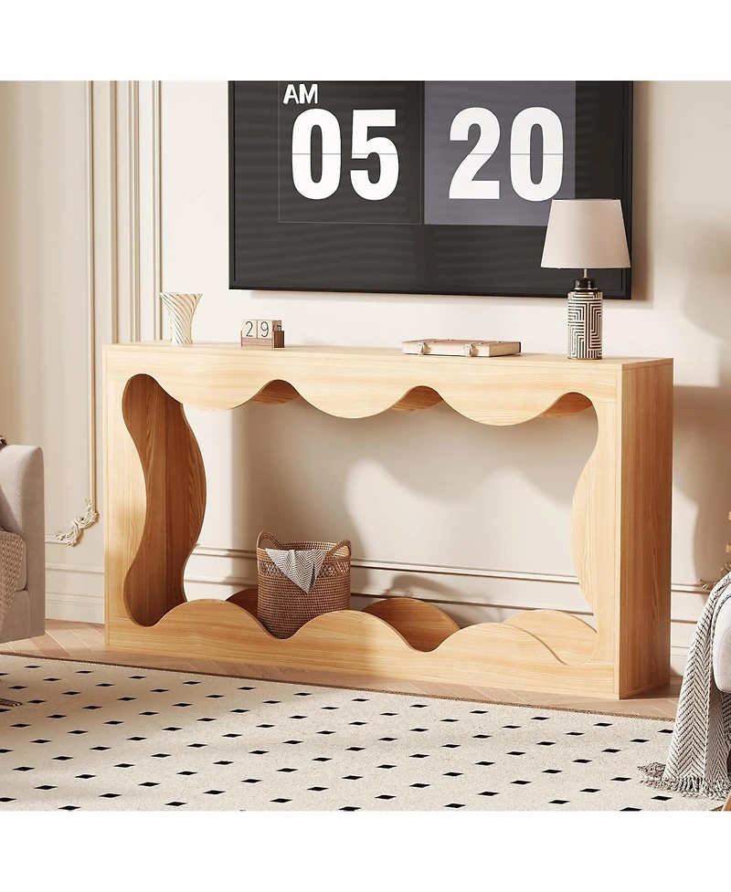 gaomon 63 Inch Farmhouse Scalloped Console Table for Entryway, Narrow Wood Sofa Table Behind Couch with Storage, Rustic Hallway Furniture