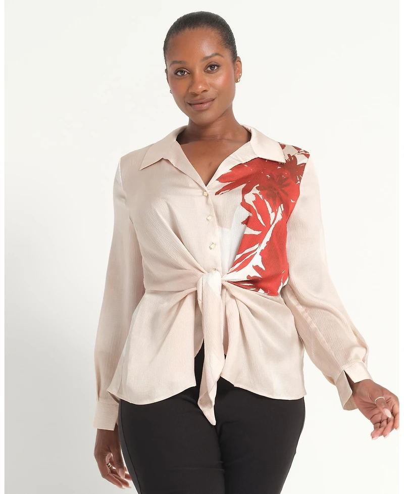 Estelle Plus Maisie Floral V-Neck Button Tie-Front Shirt