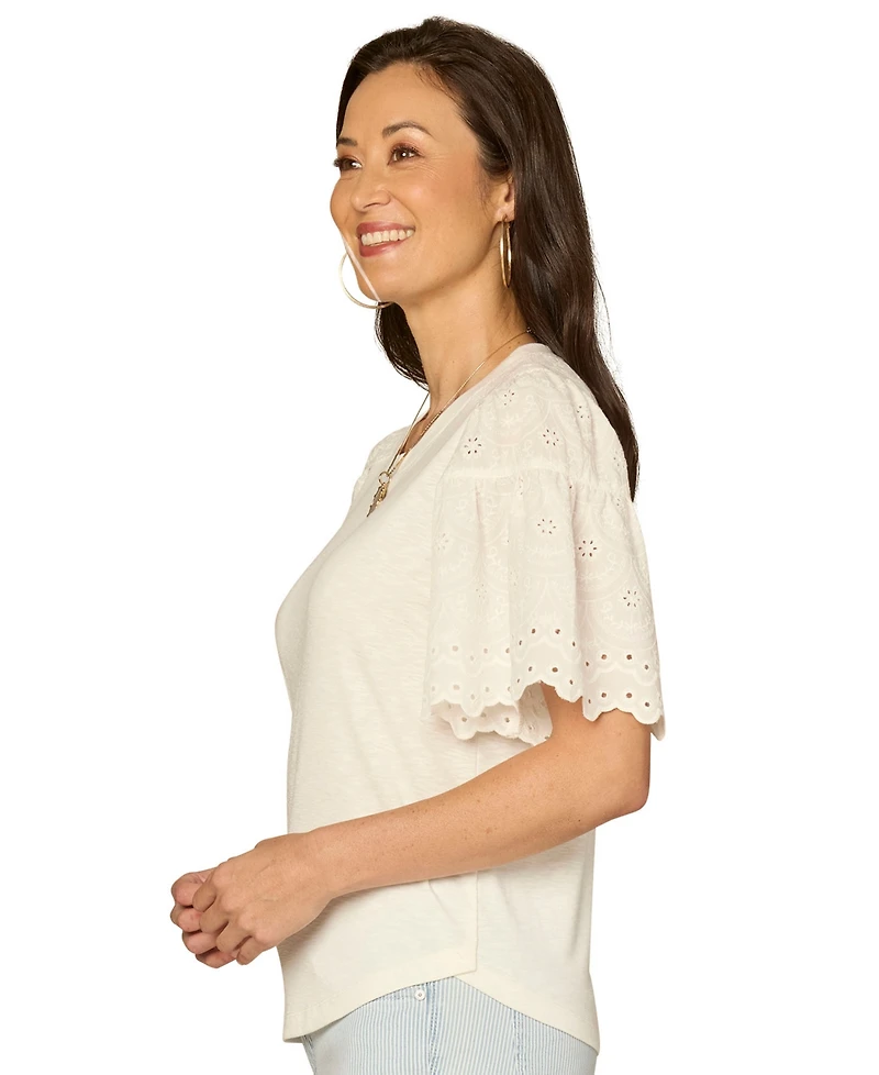 Democracy Petite Puff-Sleeve Crewneck Shirttail Hem Knit Top
