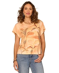 Democracy Petite Short-Sleeve Crewneck Embroidery Detail Knit T-Shirt