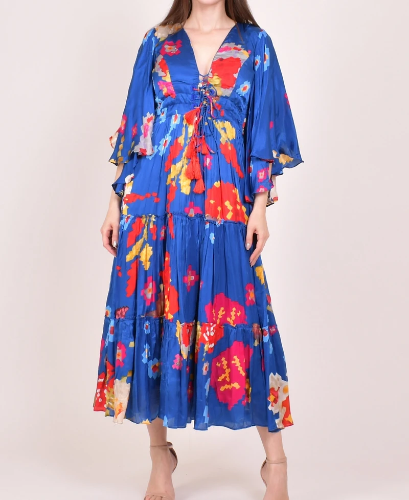 Raas Women's Blue Angel Sleeves Ruffle Maxi Sundress