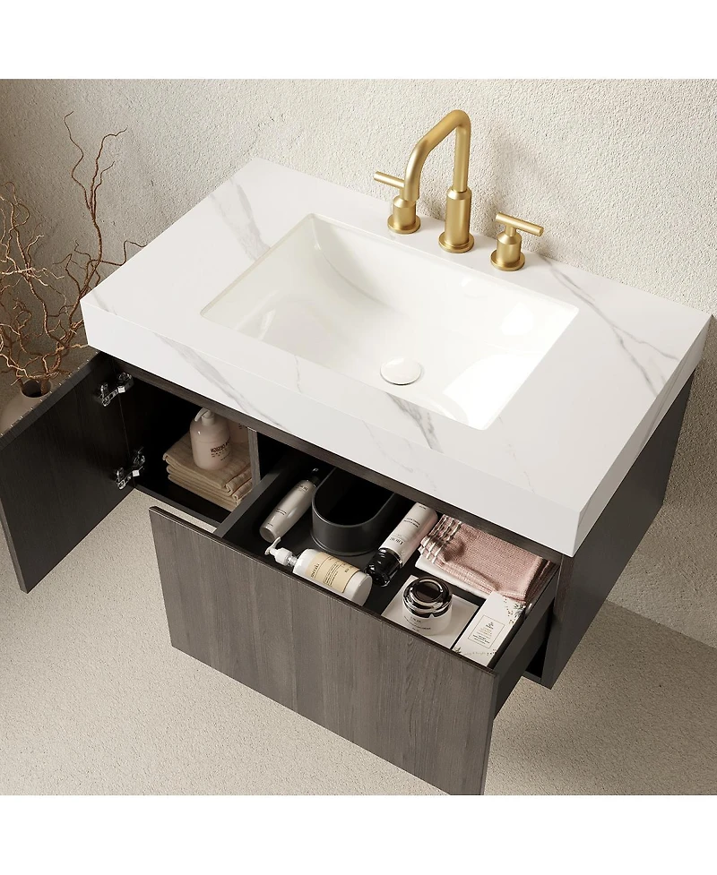 Sillysis Bathroom Vanity with Carrara Sintered Stone Top, Ceramic Undermount Sink, Soft Close Cabinet, Pre-assembled