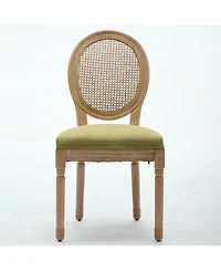 sumyeg French Style Solid Wood Frame Dining Chair with Linen Fabric Rattan Back Set of 2