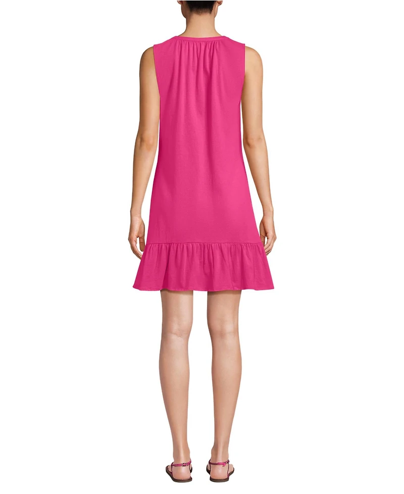 Lands' End Women's Sleeveless Cotton Jersey Notch Neck Flounce Dress