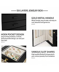 Yigii Extra Large 6-Tier Jewelry Organizer with Mirror 5 Drawers Leather Storage Case for Women